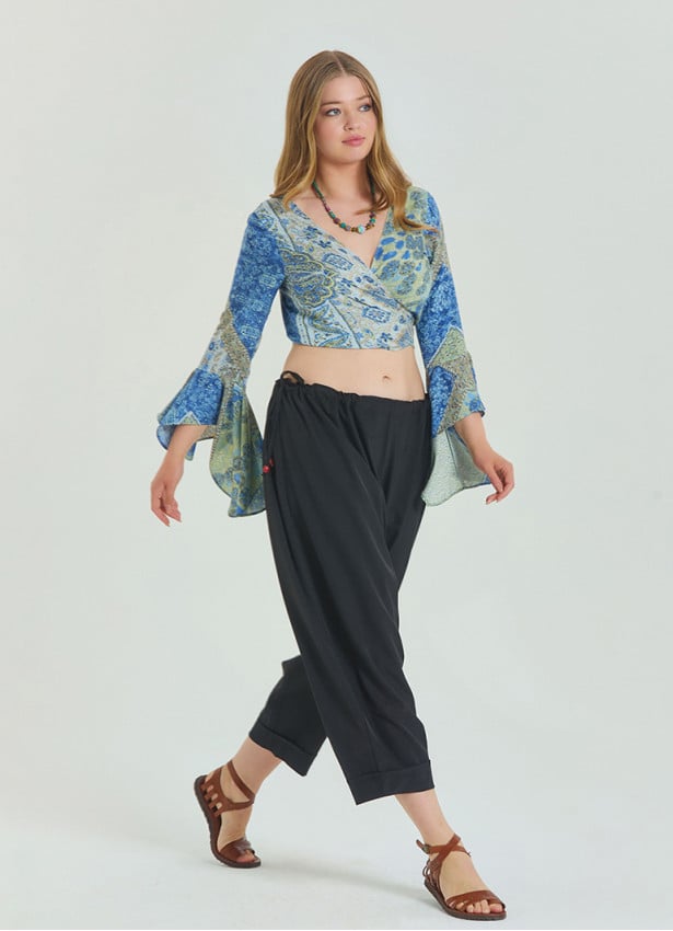 Adjustable Waist Black Women's Plus Size Trousers with Rope Detail 4622
